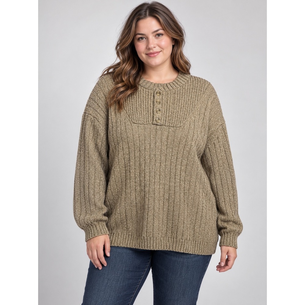 NorthCrest Tan Brown Marled Ribbed Henley Sweater XXLT Long Sleeve Acrylic
